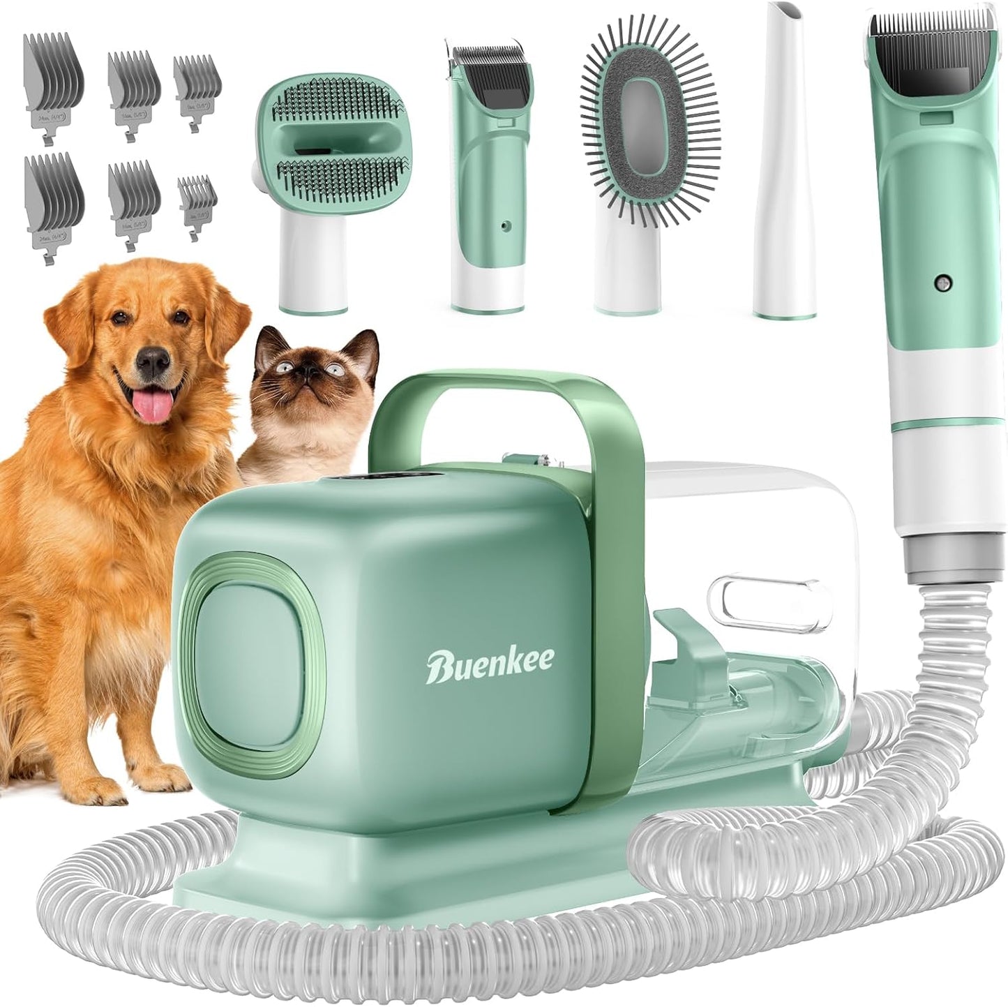 Dog Grooming Kit with Vacuum, All-in-One Pet Grooming Vacuum for Dogs and Cats, Low Noise Pet Hair Clipper & Shedding Brush, Dog Hair Remover, Cat Pet Groomer Set with Cleaning Brushes, Green