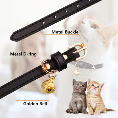 3 Pack Leather Cat Collars with Bells Soft Pet Safety Collar Kitten Collars with Bell Black Chocolate Beige(S)