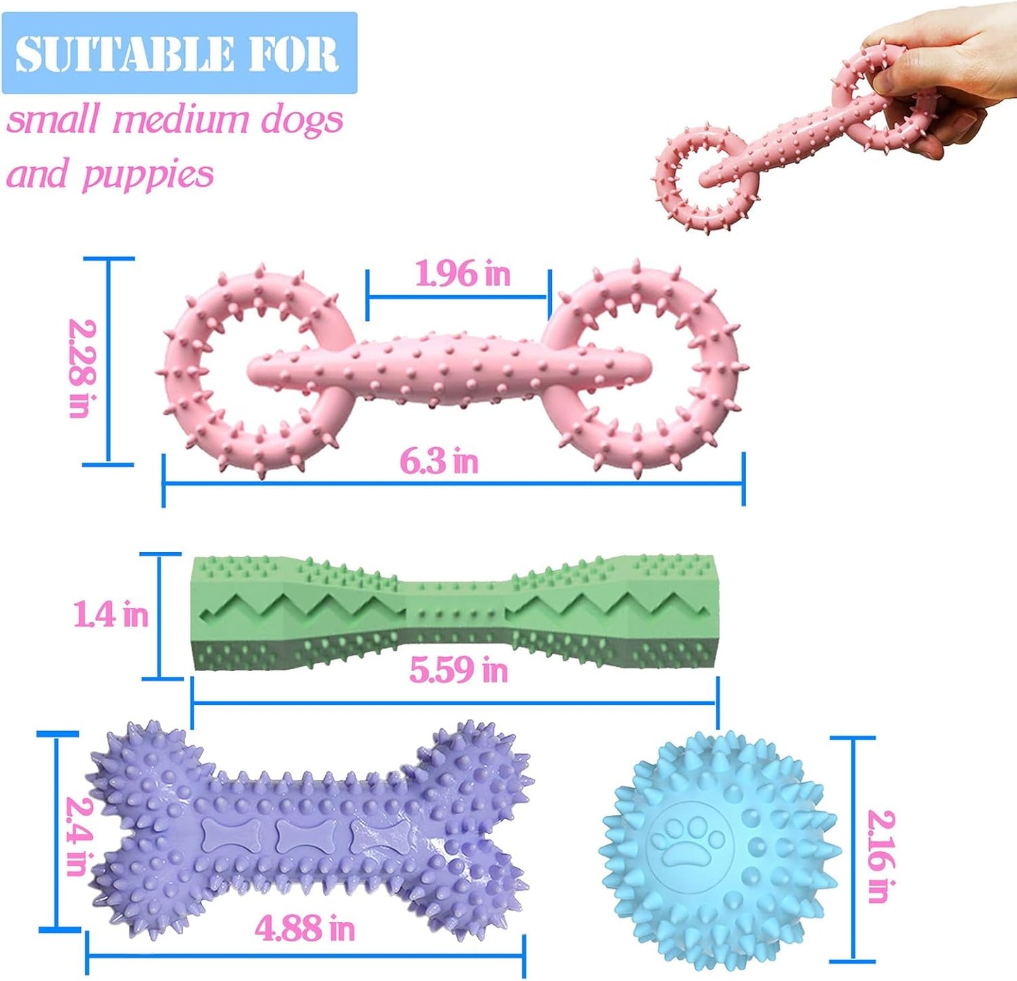 4 Pack Puppy Toys for 2-8 Months Pets Dog Chew Toy for Small Puppies Teething Toys for Cleaning Teeth Food Dispensing Soft Durable Rubber Bone Funny Ball Interactive Donut Treat Dumbbell (Mix Color)