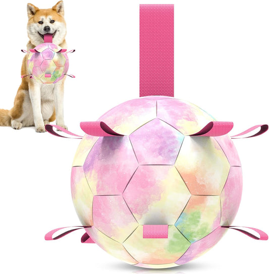 QDAN Dog Balls: Herding Ball for Dogs, Outdoor Toys Dog Soccer Ball with Straps, Interactive Pet Toys for World Cup Large Dogs Tug of War, Pet Birthday Gifts,Gradient Rainbow (8 Inch)