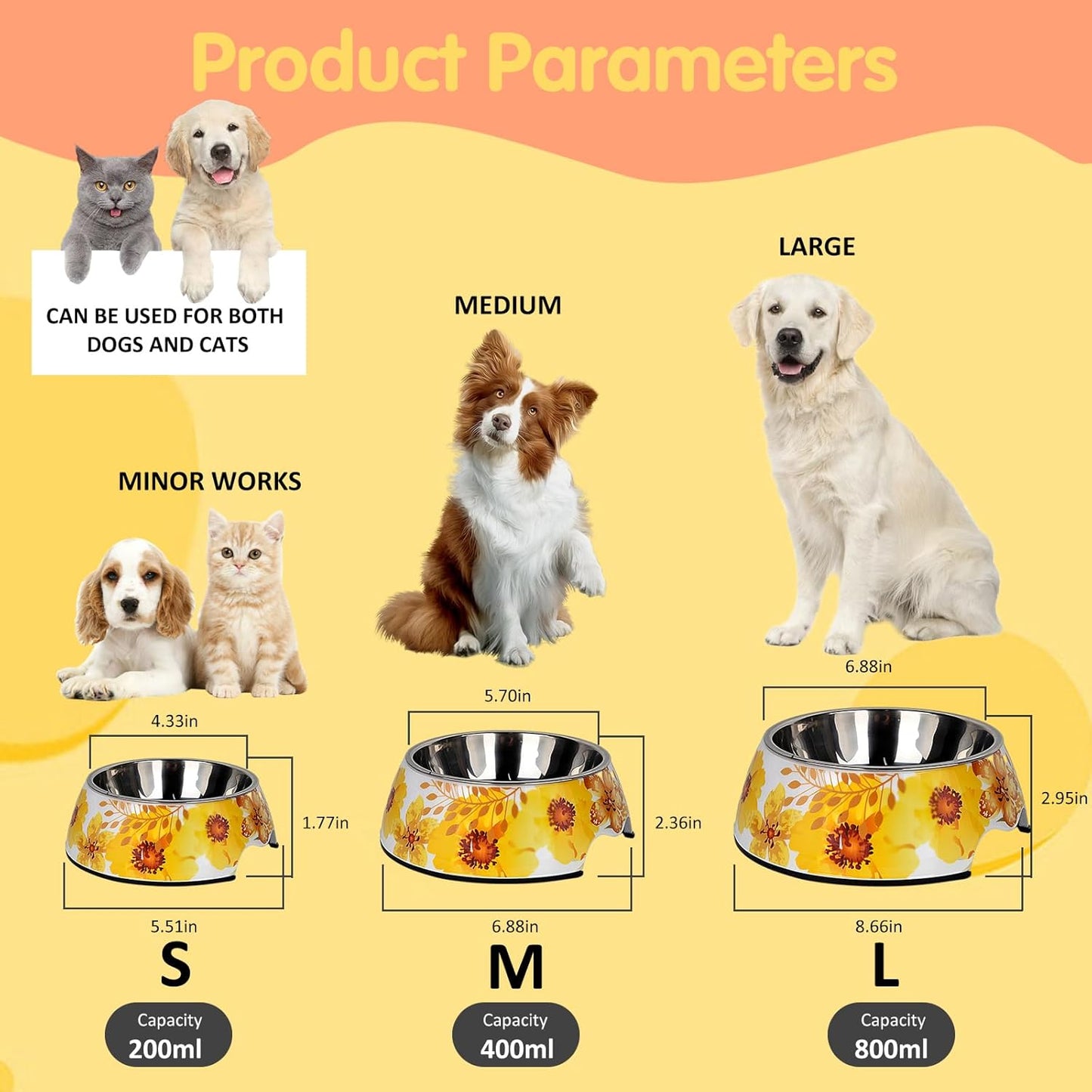 Pet Cats Dogs 2 in 1 Food Water Bowls - Non Slip Skid Proof Heavy Duty Pet Cats Dog Food Water Bowls for Feeding Drinking Small Medium Large Dogs Cats Puppies (Yellow Flower, S:7OZ)
