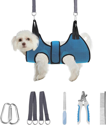PAWCHIE Dog Grooming Hammock Harness for Dog Cat with Pet Nail Clipper Trimmer-Breathable Cat Hanger Sling for Trimming Clipping Nails-Dog Hammock Restraint Bag for Small Medium Large Dog,Dark Blue XS