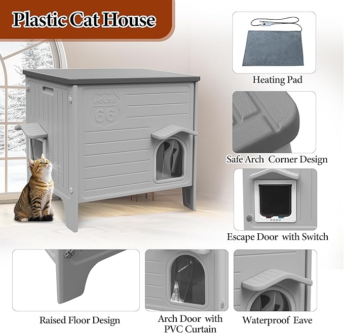 Heated Cat House for Outside Weatherpoof Plastic Cats Houses Outdoor with Escape Door Indoor Waterproof Feral/Pet Cat Shelter for Puppy, Rabbit(Grey)