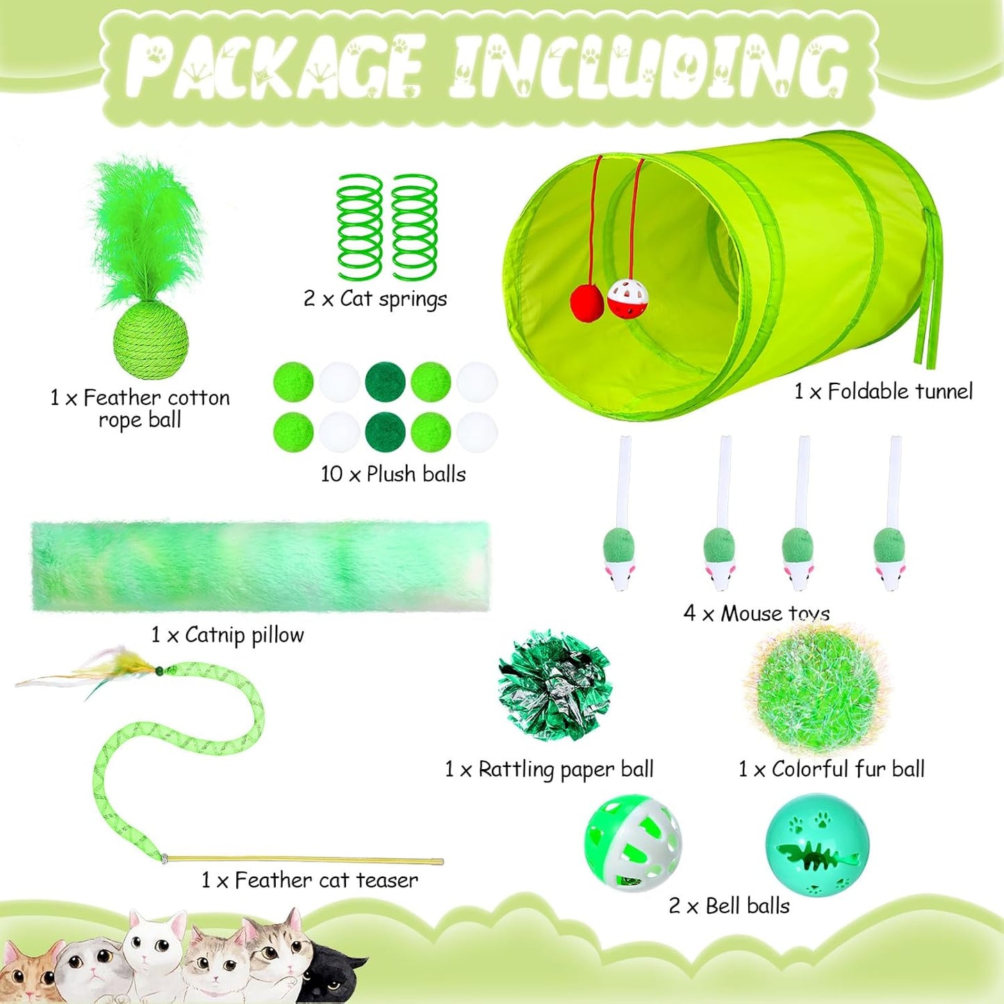24 Pcs Cat Toys Set Interactive Kitten Toys Pack Including Collapsible Play Tunnel Feather Teaser Wand Fuzzy Ball Springs Pillow Mouse Bells for Indoor Cats Puppy (Green)