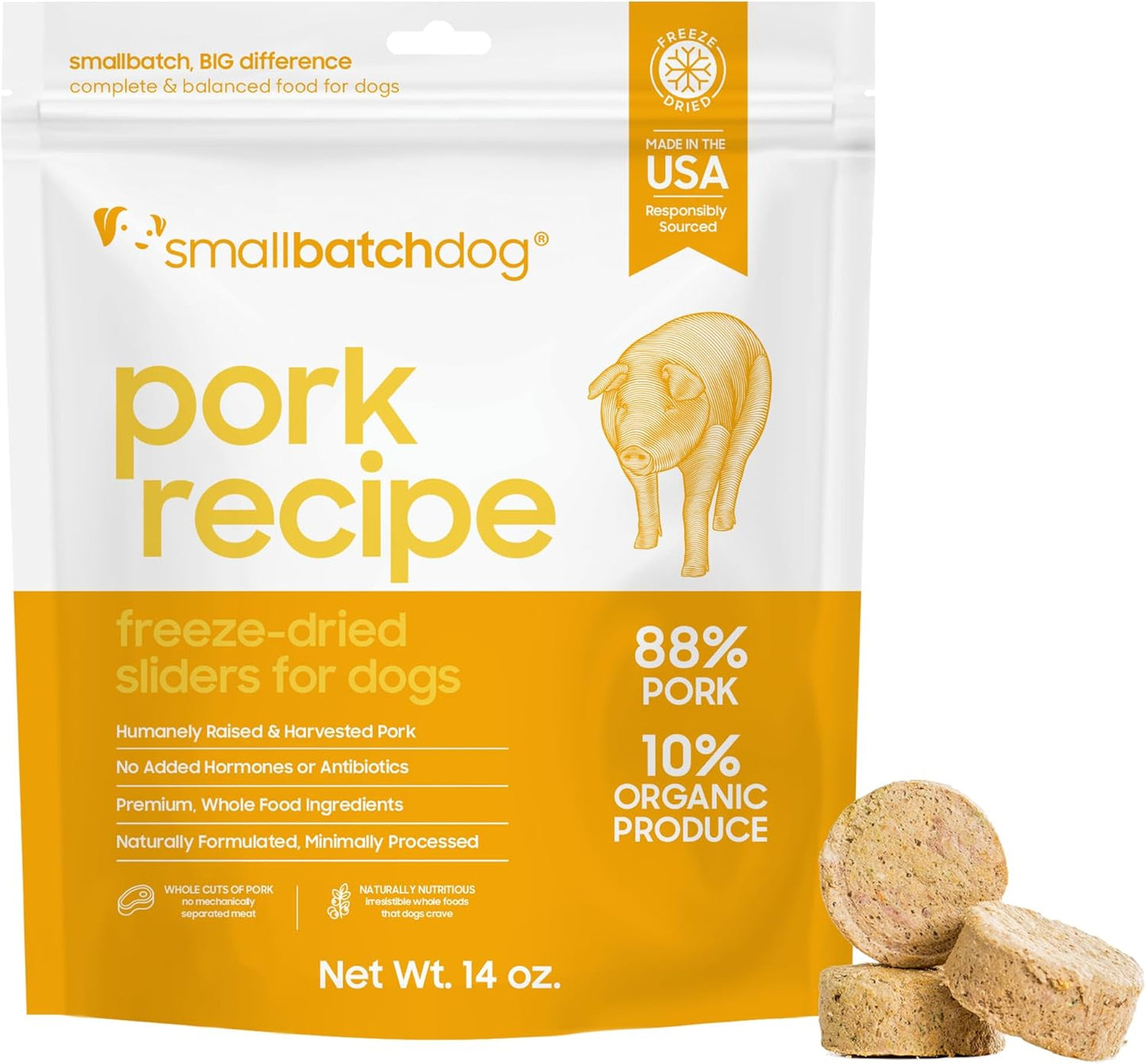 smallbatch Pets Freeze Dried Raw Dog Food, Pork Recipe, 14 oz, Organic High Protein Dog Food, Grain Free, Made in The USA, Humanely Raised Meat, Single Protein, for Picky Eaters, Hydrate & Serve