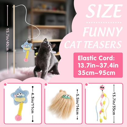 Elastic Cat Wand Toy Funny Interactive Plush Cat Fishing Pole Toy with Bell Soft Natural Wood Kitten String Toys for Indoor Cats Kittens Bored Cats (3 Pack)