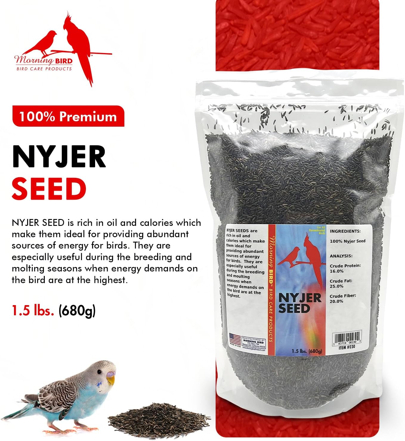 Morning Bird Nyjer Seed for Birds 1.5 lbs – Energizing Nutrition with Rich in Vitamins and Supplements – Ideal Bird Food for Breeding & Molting – Nyjer & Finch Seed for All Birds