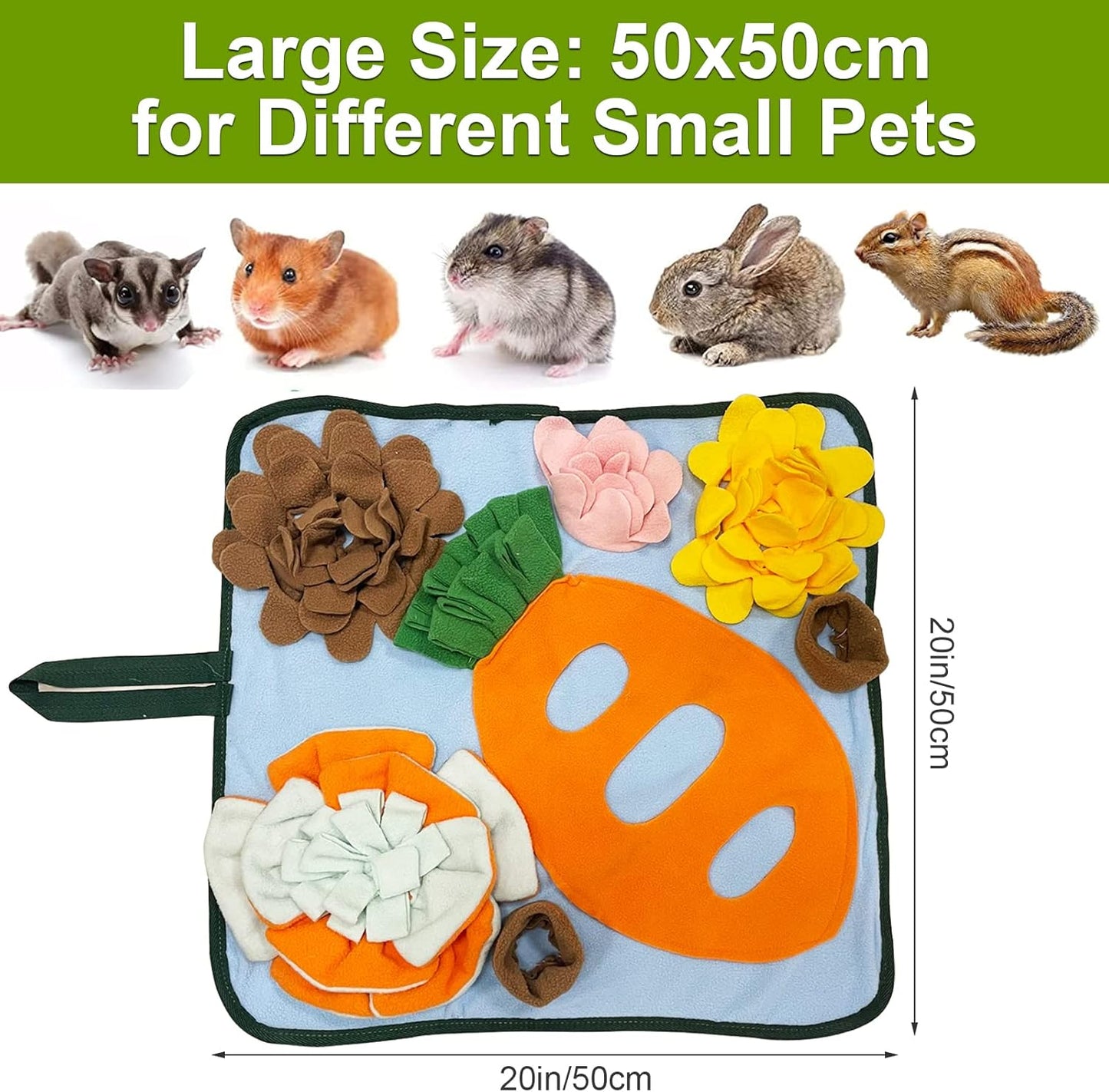 Adpartner Rabbit Foraging Mat Bunny Toys, 20"x20" Rabbit Snuffle Mat Interactive Feeding Game, Washable Bunny Hay Feeder Treat Dispenser Foraging Toys for Rabbits Guinea Pigs Chinchillas Ferrets