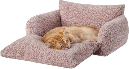 Hollypet Cat Bed Fluffy Plush Mutifuctional Double-Layer Soft Pet Couch Orthopedic Sofa Nest Beds for Small Cats and Dogs, Pink Leopard (21x15x8 inch)