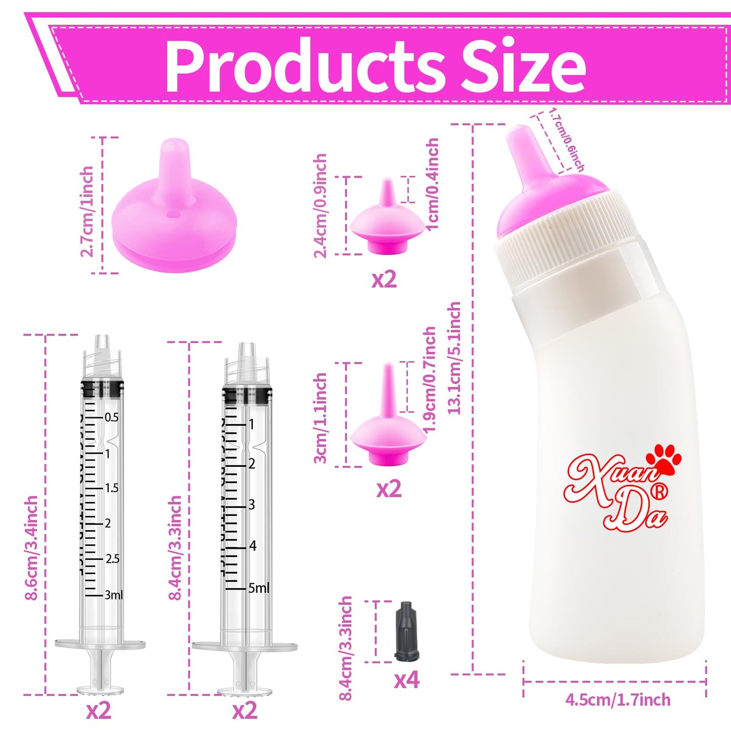 Pet Feeding Nipple with Syringe, Soft Silicone Nursing Pet Feeding Bottle, Ventilation Valve Resistant Tearing for Puppies, Kittens, Rabbit, Small Wildlife (L Nipple,Pink)