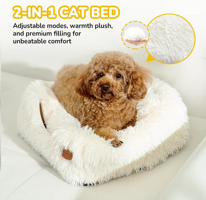 CATISM Cat Bed, Cat Cave for Indoor Cats, Soft Cat Dome, Self-Warming 2 in 1 Foldable Pet Cat House with Washable Cushioned Pillow Calming Fluffy Dog Beds for Small Dogs with Anti-Slip Bottom White