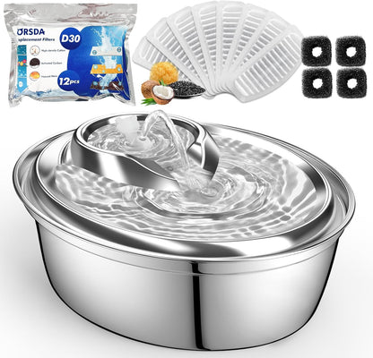 ORSDA Cat Water Fountain, 2L Stainless Steel Pet Water Fountain, Automatic Drinking Fountain Dog Water Dispenser with 12 Replacement Filters for Cats, Small Dogs