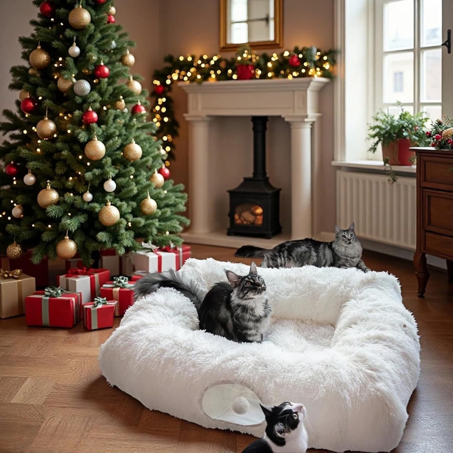 XxingSheep 4 Cave Shuttled XL Cat Tunnel Bed for Indoor Cats Peekaboo Toy Donut with Warm Mat, White