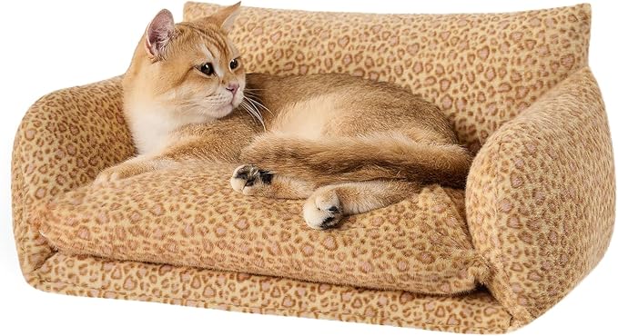Hollypet Cat Bed Fluffy Plush Mutifuctional Double-Layer Soft Pet Couch Orthopedic Sofa Nest Beds for Small Cats and Dogs, Yellow Leopard (21x15x8 inch)