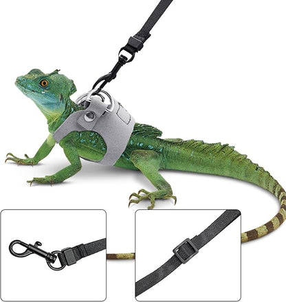 Bearded Dragon Harness and Leash Set, 3 Size Adjustable Soft Leather Reptile Leash, Lizard Harness with Retractable, Small Animal Outdoor Walking Vest with Traction Rope, 3 Pack, Grey