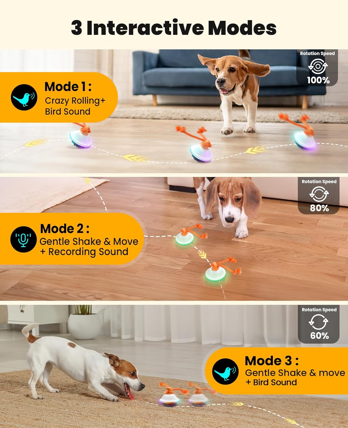 Smart Interactive Dog Toys, Automatic Moving and Rolling Dogs Ball with Rope, Motion-Activated Wicked Ball for Small Medium Dogs for Boredom, RGB Lights, Stimulating Sound, Voice Recording