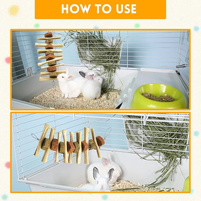kathson 4 Pcs Bunny Chew Toys for Teeth,Rabbit Hanging Chew Toy Grinding Natural Sweet Bamboo Sticks with Timothy Hay Grass and Carrot Cake for Improve Rodent Small Animals Dental Health