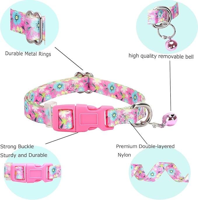 Pink Floral Dog Collar with Bell for Small Dogs, Pretty Cute Flower Dog Collar Girl Puppy Collars with Bells for XS Small Tiny Pet Female Dogs Kitten Little Animal, S