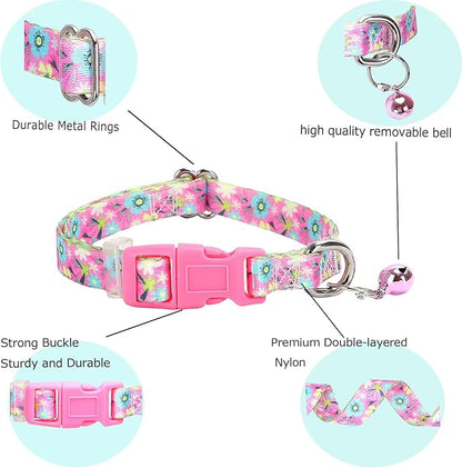 Pink Floral XS Dog Collar with Bell, Pretty Cute Flower Girl Puppy Collar Tiny Cat Collars with Bells for XS Small Pet Female Dogs Kitten Little Animal, XSmall