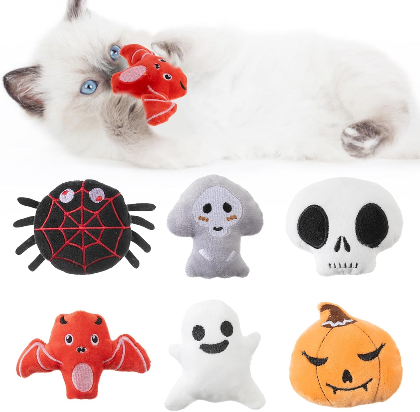 6pcs Halloween Catnip Toy，Indoor Pumpkin Ghost Shaped Cat Toy Plush Interactive Chew Bite Toys for Cat Kitten Indoor Festive Holiday Cat Lover Gift