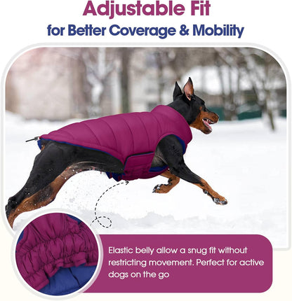QBLEEV Reversible Dog Winter Coat, Waterproof Windproof Dog Jacket with Adjustable Fit & Leash Hole, Lightweight Warm Puffer Vest for Large Breeds, Purple, 2XL – Fits Labrador, Husky, Weimaraner