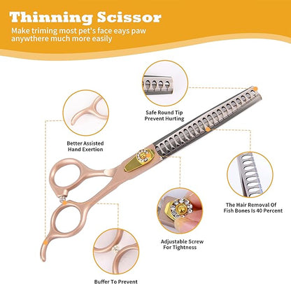 7 Inch Professional Dog Grooming Scissors Kit, 6-in-1 Grooming Scissors for Dogs, Pet Grooming Shears Set, Straight Scissor & Thinning Shear & Curved Scissor & Chunker Shear (Rose Gold)