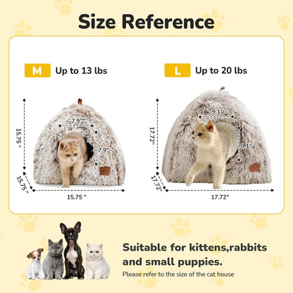 CATISM Cat Bed, Cat Cave for Indoor Cats, Soft Cat Dome, Self-Warming 2 in 1 Foldable Pet Cat House with Washable Cushioned Pillow Calming Fluffy Dog Beds for Small Dogs with Anti-Slip Bottom Brown L