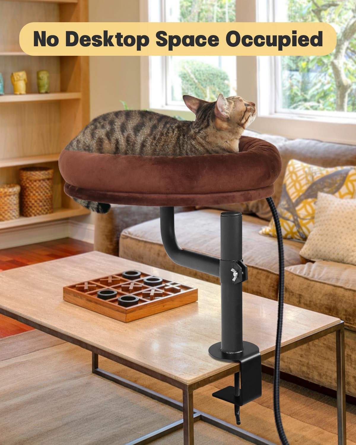 Cat Bed for Desk,Keeps Kitten Close and Workspace Clear Cat Bed,Height Adjustable and Rotatable,Drilling-Free(Heated Brown,18.5" Lx17.5 Wx17.5 W)