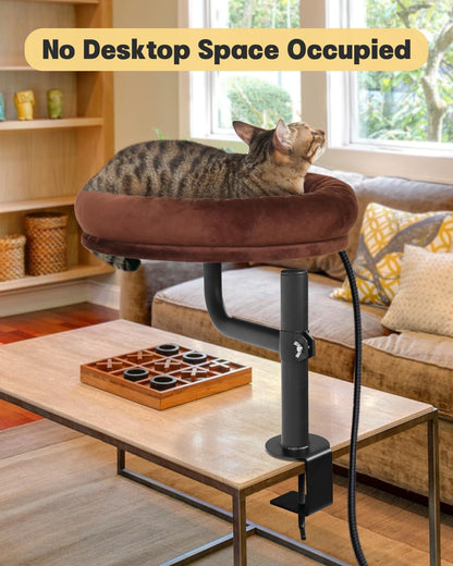 Cat Bed for Desk,Keeps Kitten Close and Workspace Clear Cat Bed,Height Adjustable and Rotatable,Drilling-Free(Heated Brown,18.5" Lx17.5 Wx17.5 W)
