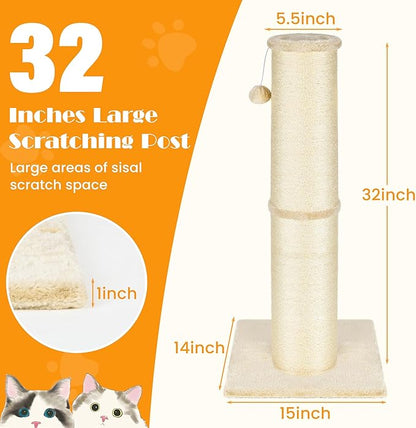 PAWSCRAT Cat Scratching Post 32 Inch High, 5.5 Inch Large Diameter Natural Sisal Cat Scratch Post, Scratch-Resistant and Durable Tall Cat Scratcher for Indoor Cats, Protect Your Furniture, Beige
