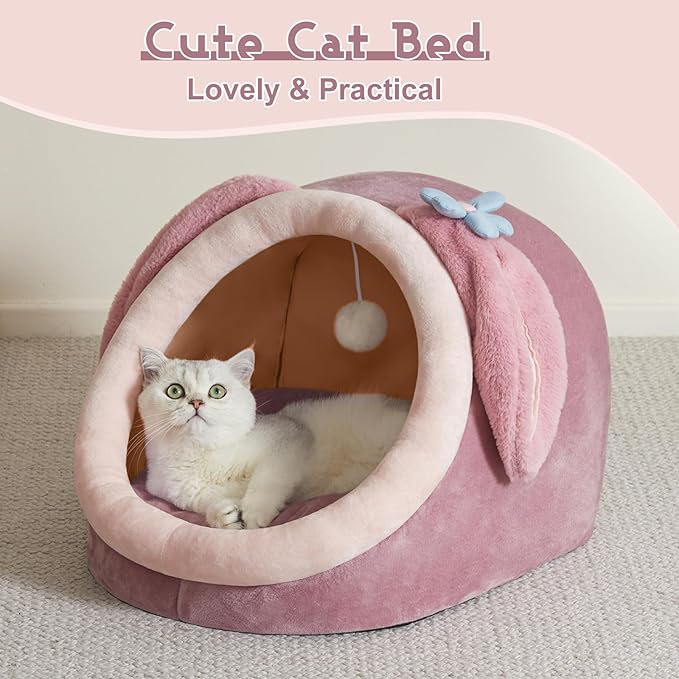 Jiupety Cute Cat Bed for Indoor Cats, Warm Soft Cave Fit for Many Cats and Puppy, Pink Rabbit, L