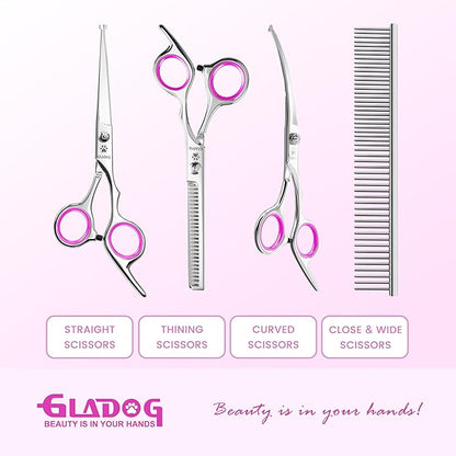 GLADOG Professional 5 in 1 Dog Grooming Scissors Set with Safety Round Tips, Sharp and Heavy-duty Pet Grooming Shears for Cats (Red)