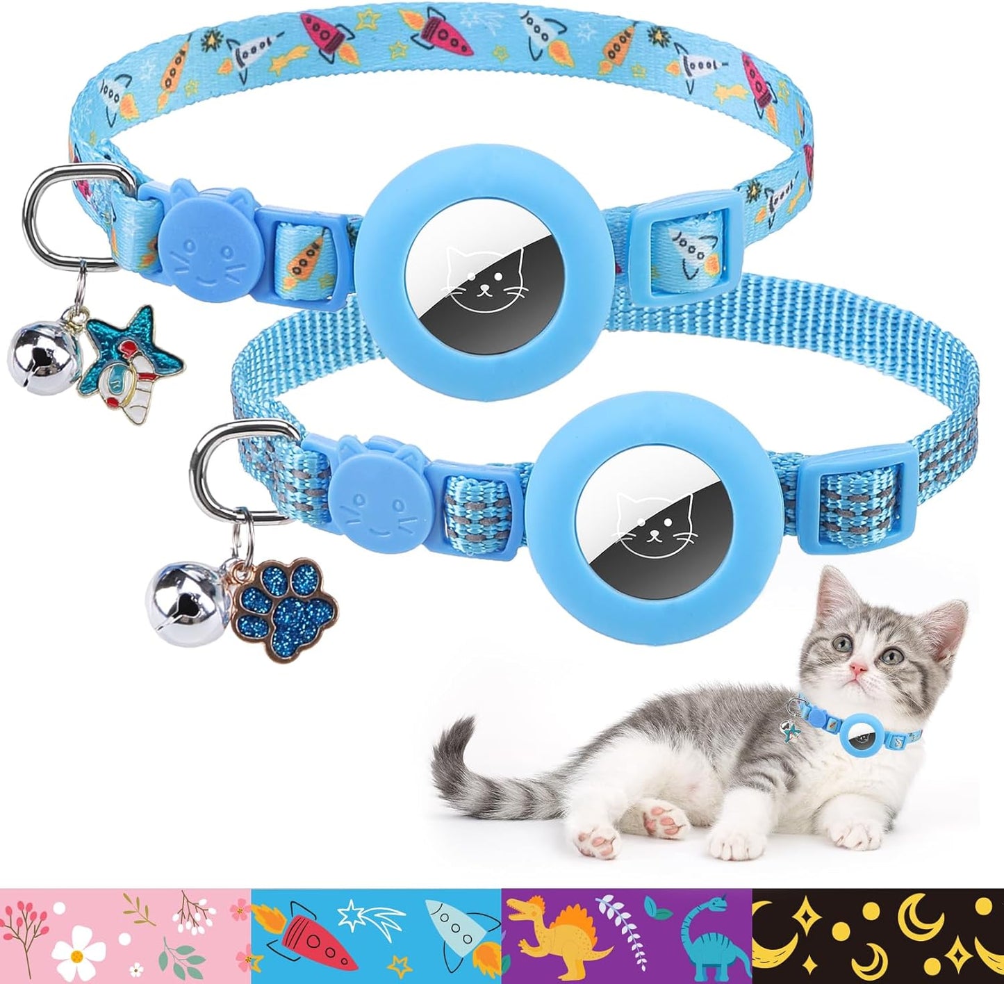 PUPTECK Airtag Cat Collar Breakaway 2 Pack with Bells, Reflective Kitten Collar with Air Tag Holder for Boy Girl Kitty and Puppies, Soft, Blue