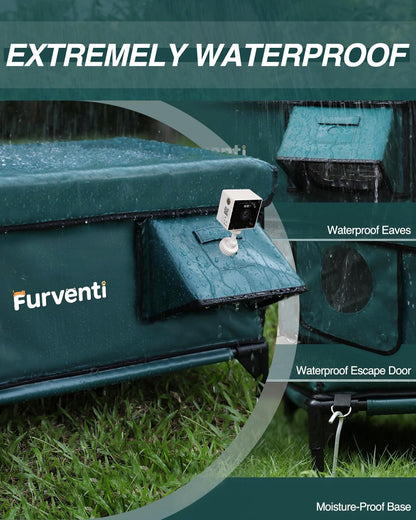 Heated Cat House for Outside,Dual Camera Mounts,100% Weatherproof & Extremely Insulated,Elevated Feral Cat Shelter with Escape Door,Waterproof Eaves for Outdoor Stray Barn Cat(Dark Green, L with Cam)