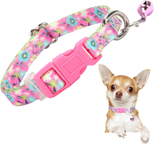 Small Dog Collar with Bell - Durable Nylon Collar for Small Breeds, Adjustable Flower Pattern Collar for Chihuahua Pomeranian Yorkie, Heavy-Duty for Active Puppies（S）