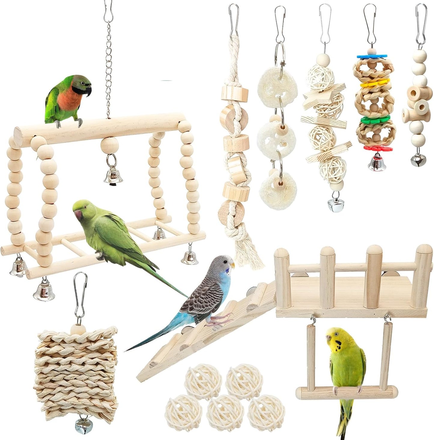 Hamiledyi 13Pcs Parrot Swing Chew Toys Bird Perches Platform with Climbing Ladder Hanging Cage Accessories for Parakeet, Conure, Finch, Lovebirds, Budgie, Canary Standing