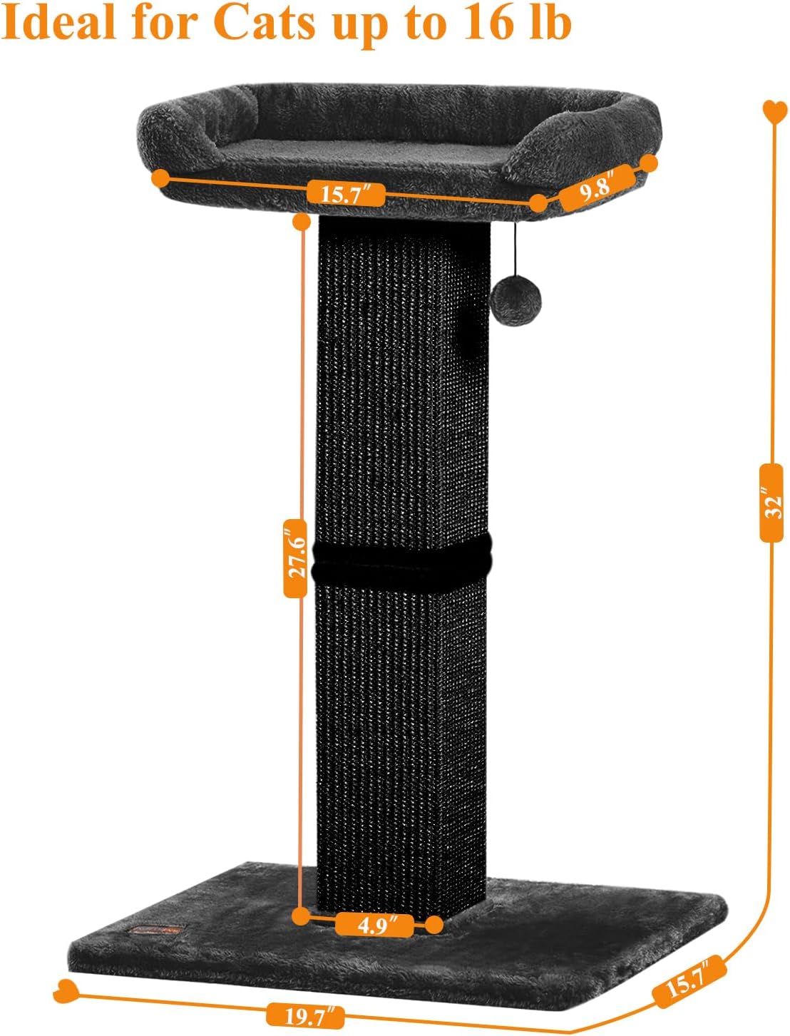 32" Cat Scratching Post for Indoor Cats, Sisal Cat Scratcher with Plush Perch, Large Scratch Post with Bed, Removable Cover, Sisal Fabric,Black