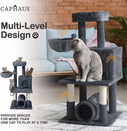 CAPHAUS Cat Tower for Indoor Cats, Modern Cute 40-Inch Small Cat Tree with Widened Perch for Large Cats Kittens, Multi-Level Cat Activity Tree with Scratching Posts, Tunnel, Basket, Cat Cave Condo