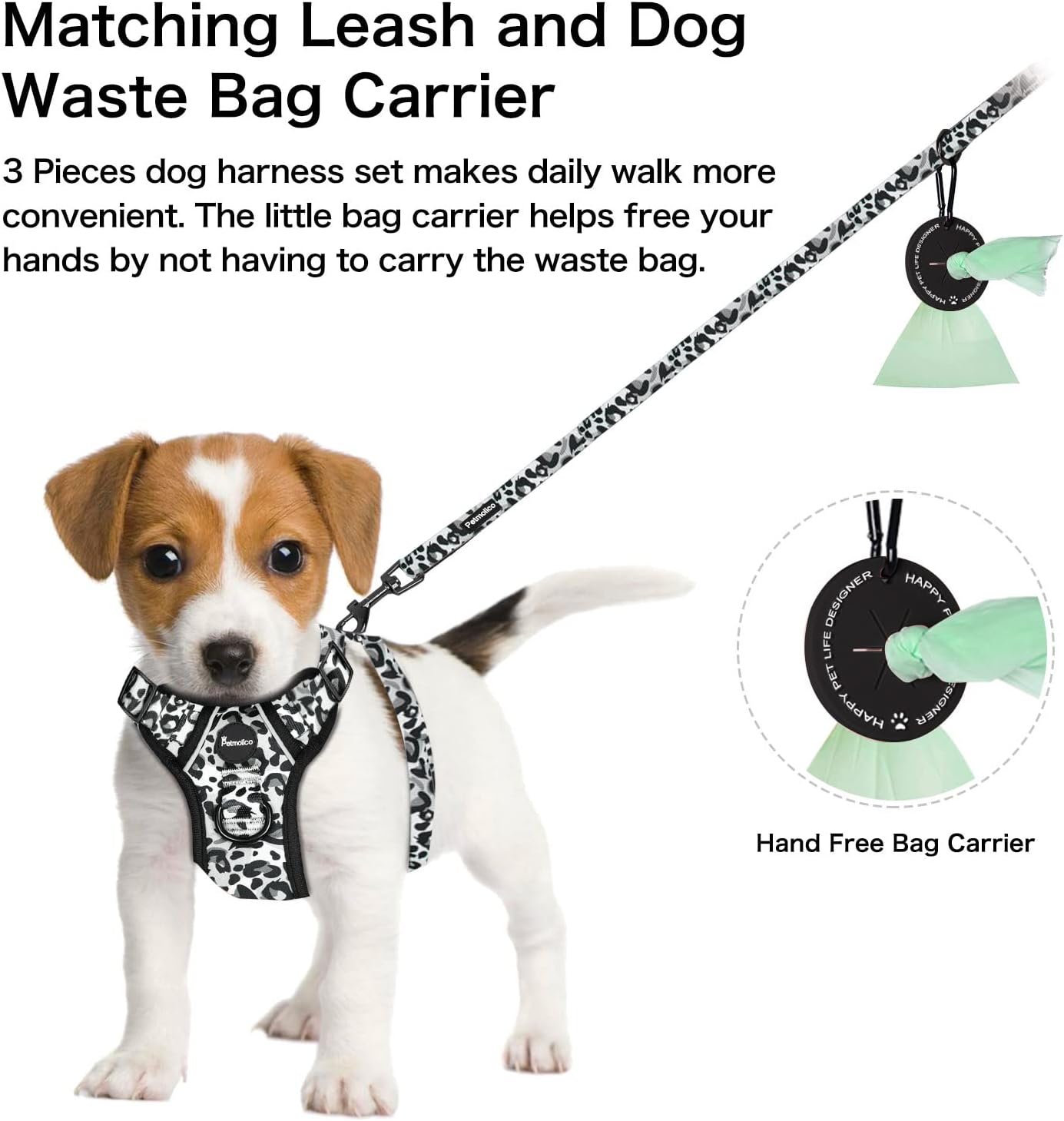 Petmolico Dog Harness for Small Dogs, Cute Harness Vest with Two Leash Clips and Soft Handle, Reflective Easy Walk Puppy Vest - Grey Leopard, Medium