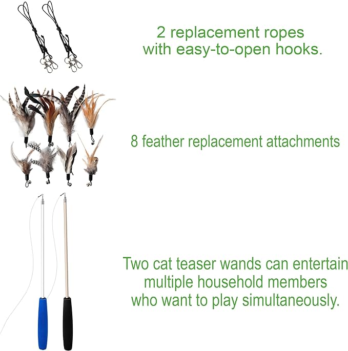 Cat Toys - No Chemical Dyeing Cat Feather Toys for Indoor Cats - Include Cat Wand and Natural Feather Refills