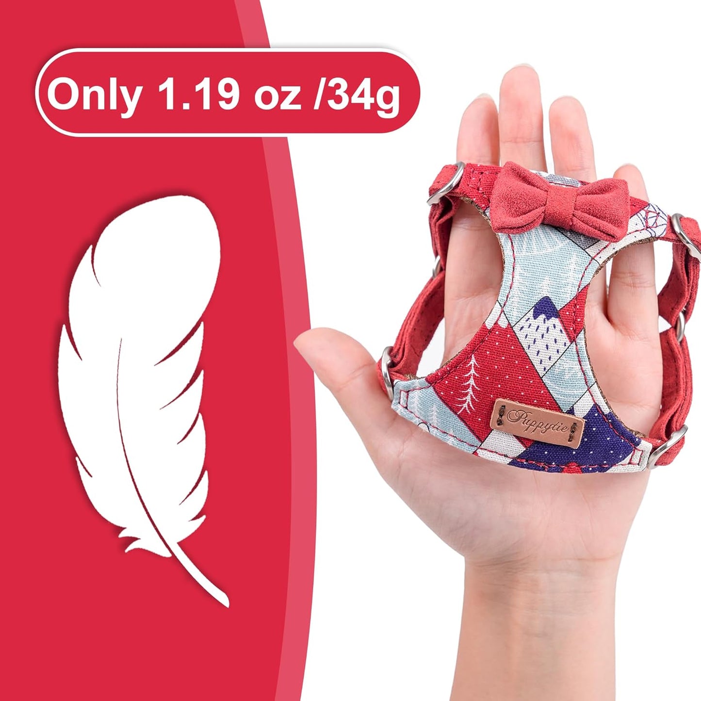 Puppytie No Pull Small Dog Harness with Multifunction Dog Leash,Lightweight Soft Adjustable No Choke Escape Proof Pet Harness Vest Pet Harness Vest,Suede Bow red,S