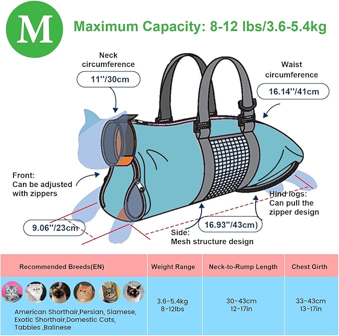 Cinf Cat Nail Clipping Cleaning Grooming Restraint Bag （Free Muzzle） No Scratching Biting for Bathing Nail Trimming Injecting Examining (Blue,M)