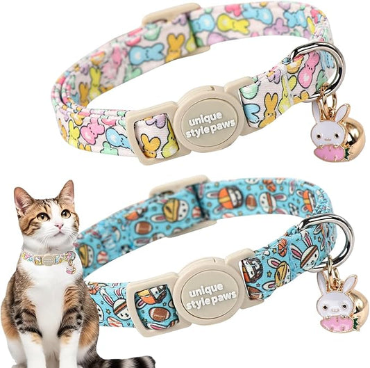 Unique style paws 2 Pack Easter Day Kitten Collar Breakaway with Bell&Pendant, Adjustable Safety Colorful Sports Rabbit Cat Cotton Collar for Girl Boy Cat and Small Pet