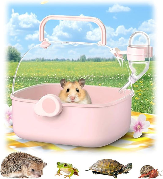 Portable Hamster Carrier Cage for Travel - Acrylic Small Animal Cage with Ventilation Holes,Escape-Proof Hamster Travel Cage for Outdoor Picnics, Vet Visits(Pink)