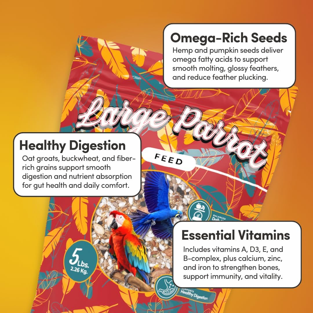 Mycelium Organic Large Parrot Feed (5 LB Bag) | Bird Food for Macaws, Cockatoos & Amazons | High-Protein Seed, Pellet & Kibble Blend | Supports Digestion & Energy | Made in USA, Non-GMO