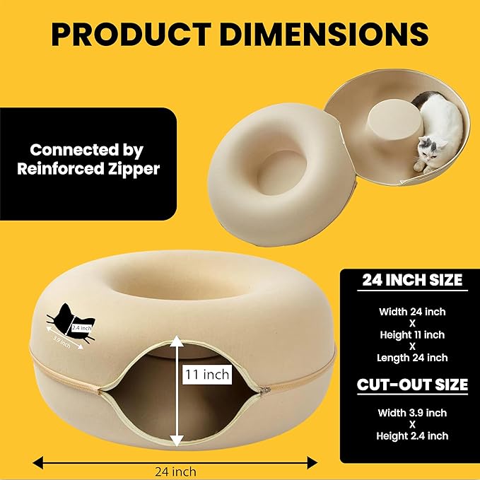 Laluz 2021 Large Cat Tunnel Bed for Multiple & Large Cats Up to 30 Lbs with 2 Toys, Scratch Resistant, Comfy Donut, Detachable & Washable Cat Donut Tunnel Bed (Beige)