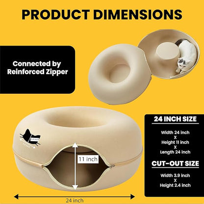 Laluz 2021 Large Cat Tunnel Bed for Multiple & Large Cats Up to 30 Lbs with 2 Toys, Scratch Resistant, Comfy Donut, Detachable & Washable Cat Donut Tunnel Bed (Beige)