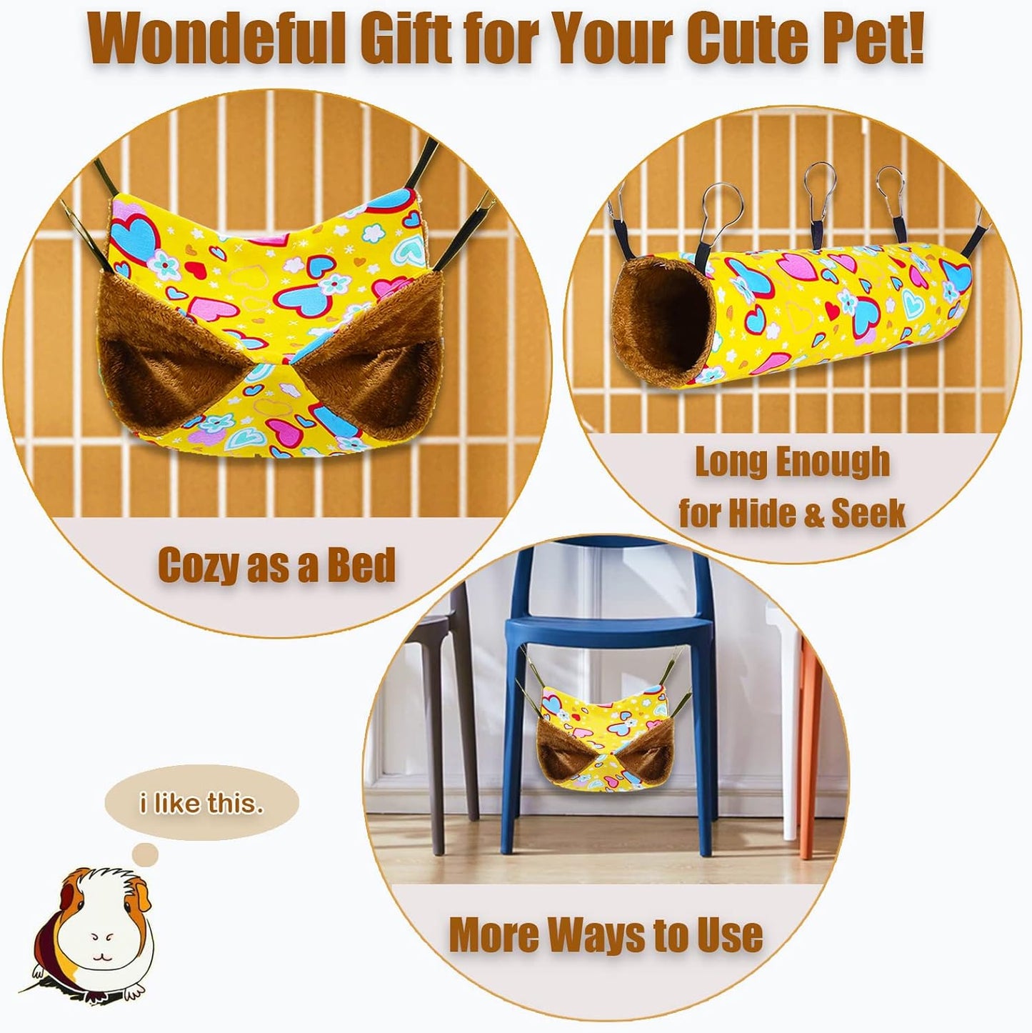 Ferret Rat Hammock Guinea Pig Hideout Toys Large Soft Small Animal Bed Sugar Glider Chinchilla Squirrel Hammock Set for Cage Accessories Pet House Hamster Hang Tunnel and Tube,2 Pack,Yellow