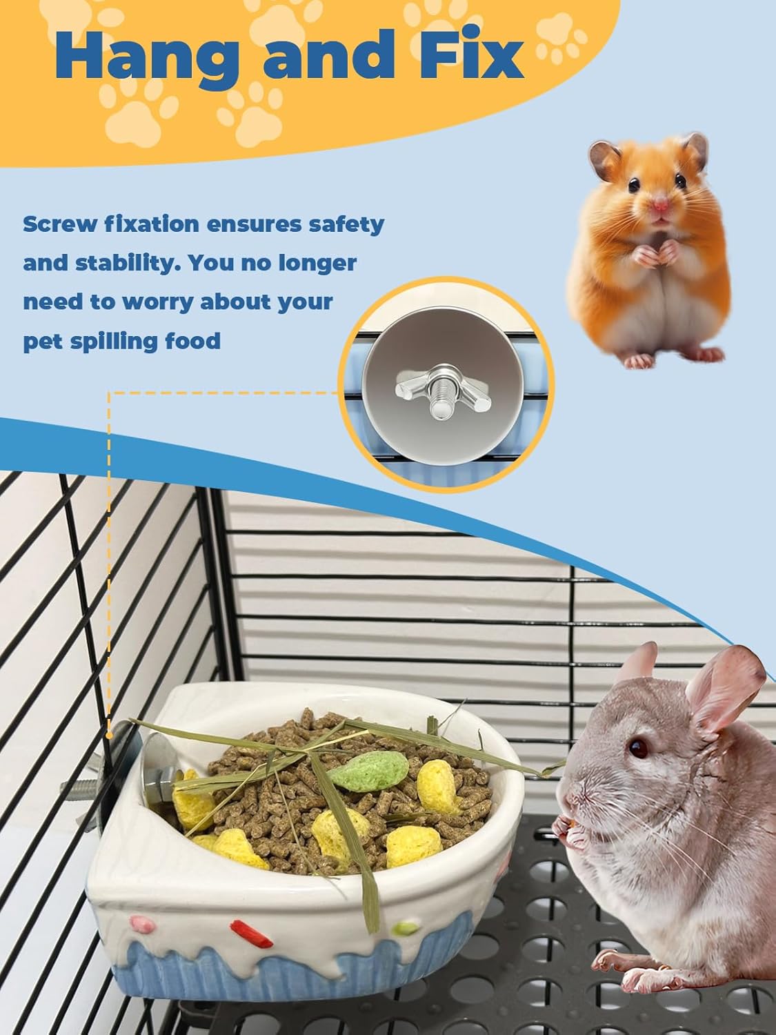 Chinchilla Food Bowl Ceramic Guinea Pig Cage Feeder Hanging Bunny Food Dish Small Animal Feeding Bowls for Syrian Hamster Ferret Gerbils (Blue)