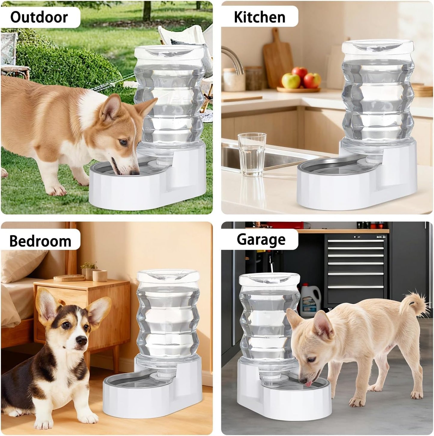 RIZZARI Automatic Gravity Pet Waterer: 7L White Stainless Steel Water Dispenser - Large Capacity Water Feeder for 25-35 LB Senior Dogs with Spinal Issues - for Living Room Bedroom